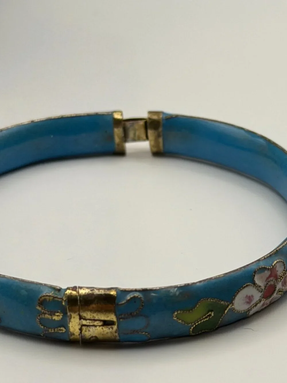 VTG Cloisonné Bracelet Bangle Cobalt Blue Enamel Gold Floral Hinged 3